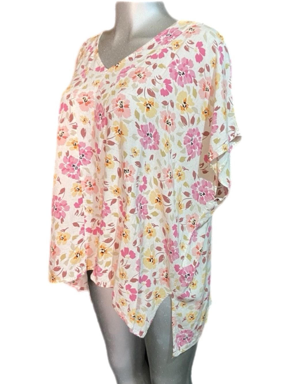 Oddy Linen Blend Floral V-Neck Top Pink/Yellow Dolman Sleeve Relaxed Fit Fairy L